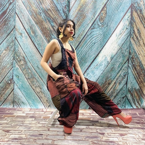 Handmade Baggy Hippy Patchwork Overall Jumpsuit - Picture 2 of 5